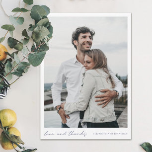 Modern Blue Script Photo Love and Thanks Wedding Thank You Card