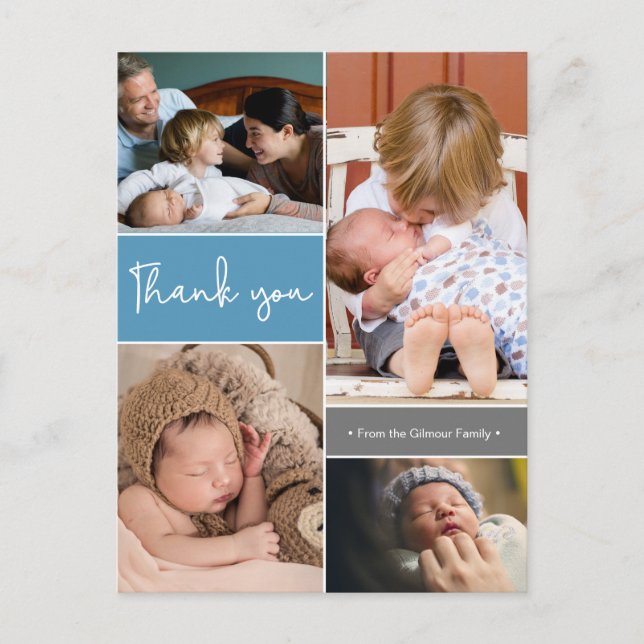 Modern Blue Second Baby Photo Collage Thank You Postcard (Front)