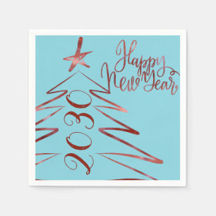 Modern blue shinny red tree New Years party 2018 Napkin