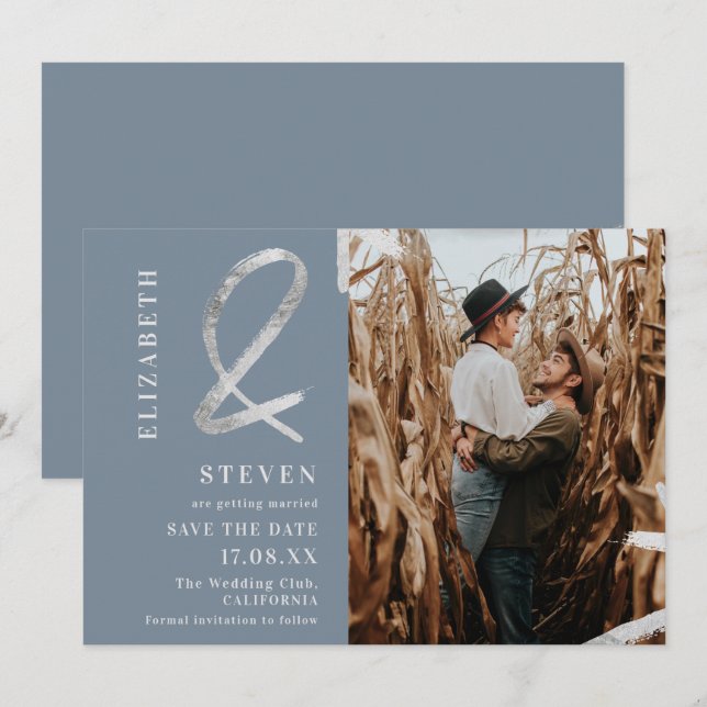 Modern blue silver ampersand photo save the date (Front/Back)