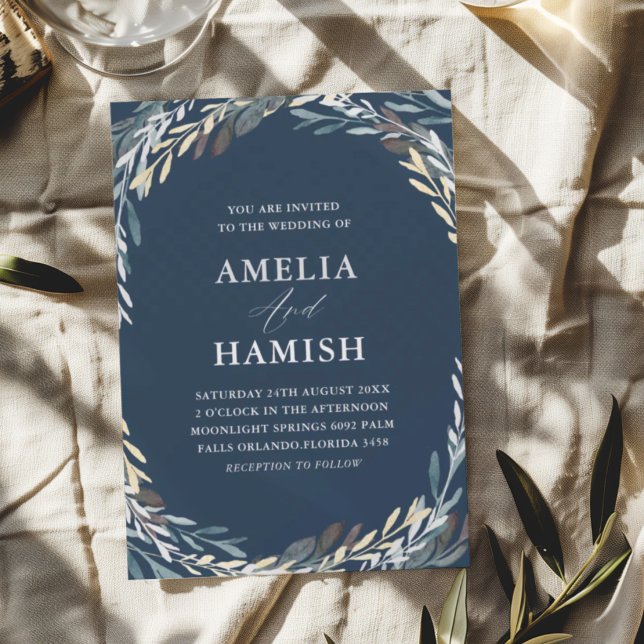 Modern Blue & Silver Botanical Wedding Invitation (Creator Uploaded)