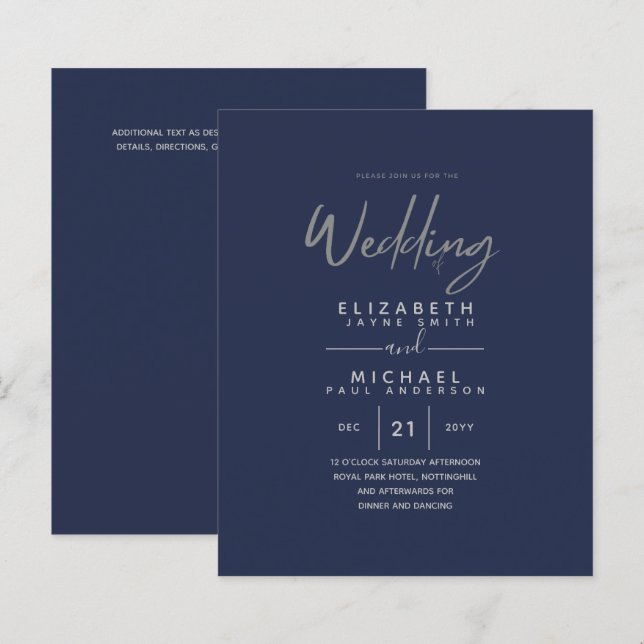 Modern Blue Silver Budget Wedding Invites (Front/Back)