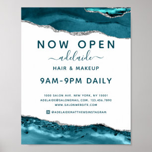 Modern Blue Silver Glitter Hair Salon Open Sign