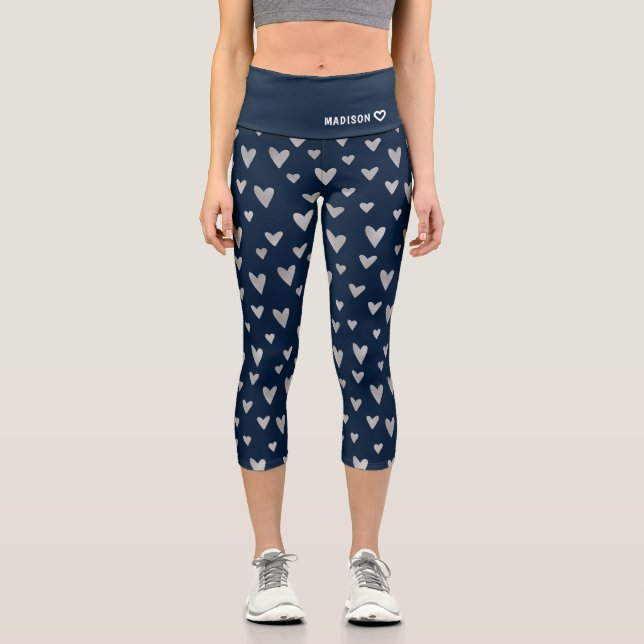 Modern Blue Silver Heart Pattern Personalized Name Capri Leggings (Front)