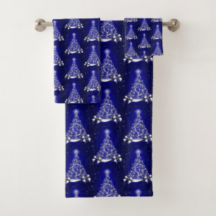 Modern Blue & Silver Holiday Tree Motif Bath Towel Set