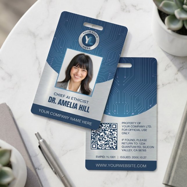 Modern Blue Silver IT Tech Employee Photo ID Badge (Creator Uploaded)