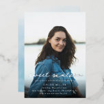 Modern Blue Silver Photo 16th Birthday<br><div class="desc">Modern Blue Silver Photo 16th Birthday Foil Invitation</div>