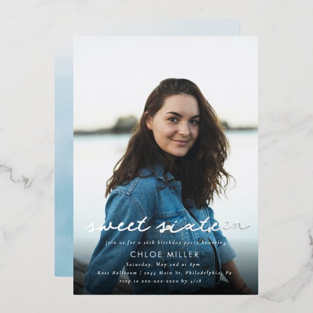 Modern Blue Silver Photo 16th Birthday  (Front/Back)