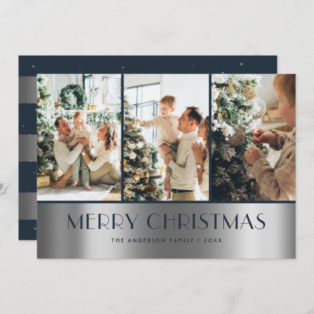 Modern Blue Silver Photo Collage Christmas Cards (Front/Back)