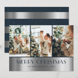 Modern Blue Silver Photo Collage Christmas Cards