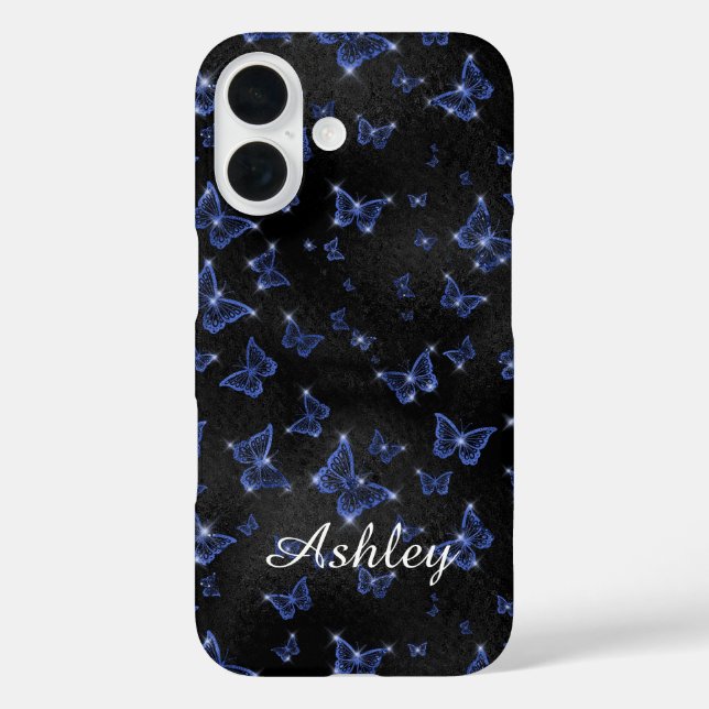 Modern Blue Silver  Script Name Butterflies Case-Mate iPhone Case (Back)