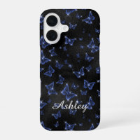 Modern Blue Silver Script Name Butterflies