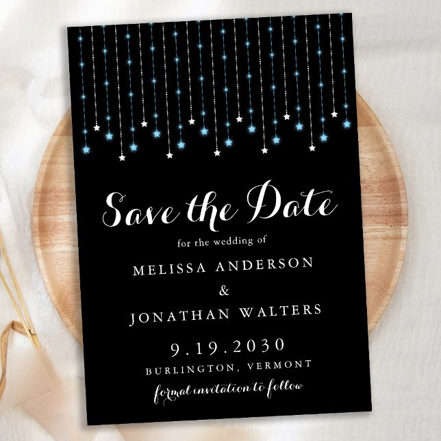 Modern Blue Silver Stars String Lights Wedding Save The Date (Creator Uploaded)