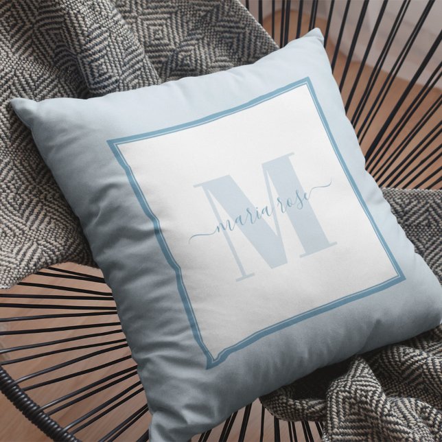 Modern Blue Simple Monogram Name Throw Pillow (Blue monogram throw pillow)