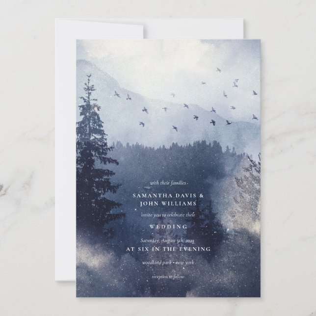 Modern Blue Snow Frosted Forest with Birds Wedding Invitation (Front)