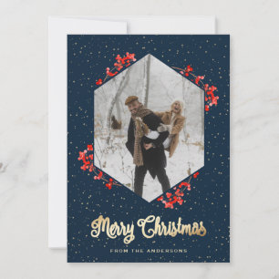 Modern Blue Snow Red Berries Photo Christmas Holiday Card