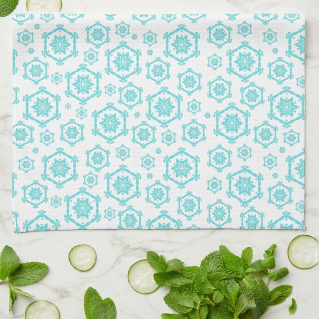 Modern Blue Snowflake Pattern Snow Christmas  Kitchen Towel (Folded)