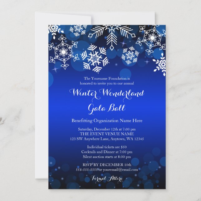 Modern Blue Snowflake Winter Gala Ball Invitations (Front)