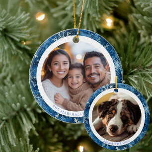 Modern Blue Snowflakes Family Christmas 2 Photos Ceramic Ornament