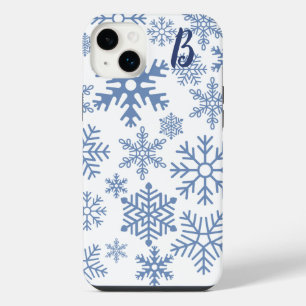 Modern Blue Snowflakes Monogram iPhone 14 Plus Case