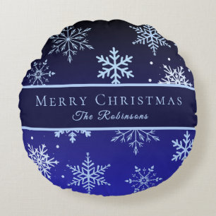 Modern Blue Snowflakes Round Pillow