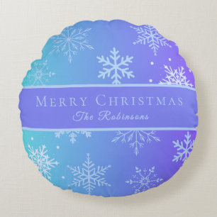 Modern Blue Snowflakes Round Pillow