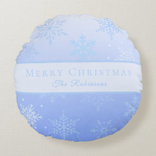 Modern Blue Snowflakes Round Pillow