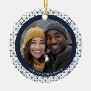 Modern Blue Snowflakes Two-Sided Photo Holiday Cer Ceramic Ornament