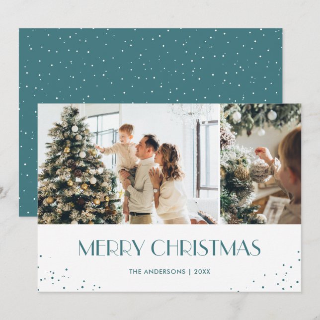 Modern Blue Snowy Merry Christmas 2 Photo Holiday Card (Front/Back)