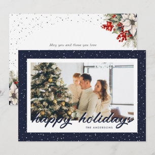 Modern Blue Snowy Watercolor Botanical Photo Holiday Card