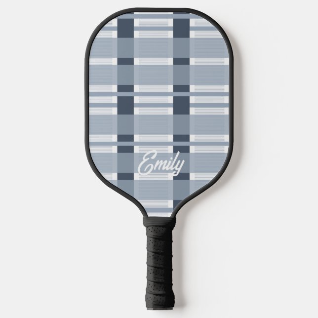 Modern Blue Soft Plaid Name Pickleball Paddle (Front)