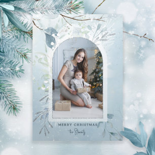 Modern Blue Sparkly Winter Botanical Arch Photo Tri-Fold Card