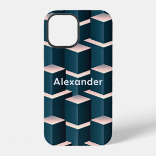 Modern Blue Square Geometric Pattern Personalize iPhone 12 Case