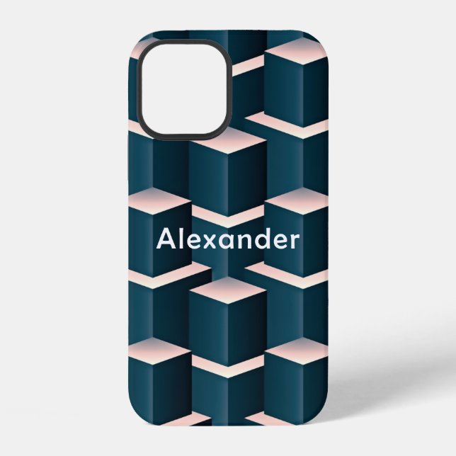 Modern Blue Square Geometric Pattern Personalize iPhone Case (Back)