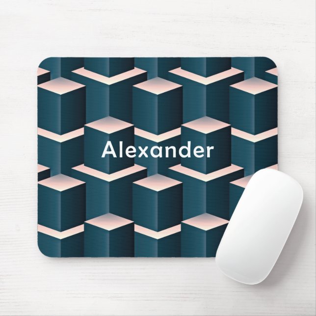 Modern Blue Square Geometric Pattern Personalize Mouse Pad (With Mouse)