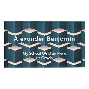 Modern Blue Square Geometric Pattern Personalize Name Tag