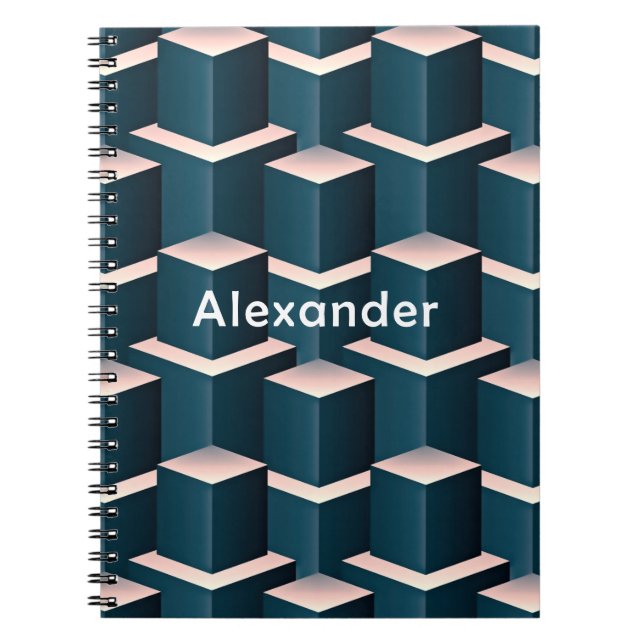 Modern Blue Square Geometric Pattern Personalize Notebook (Front)