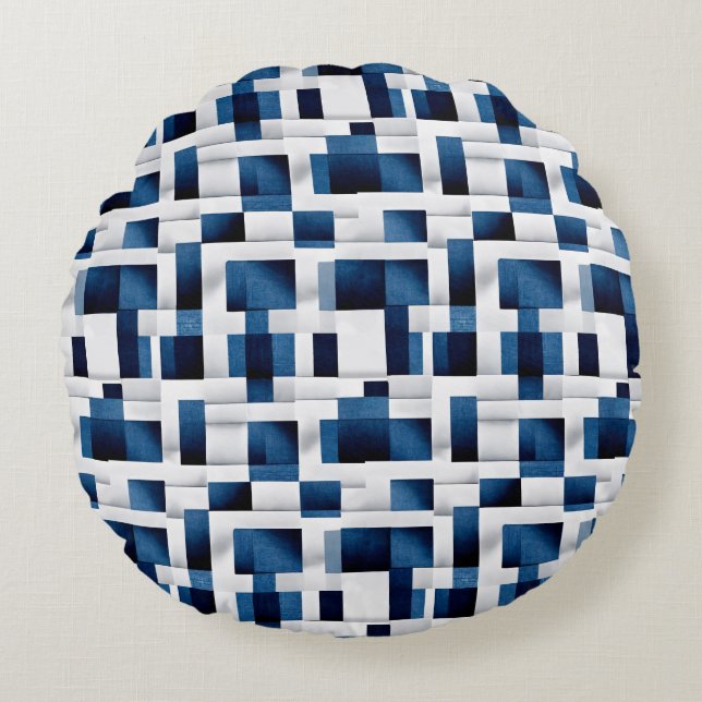 Modern Blue Squares Repeating Pattern Round Pillow (Front)