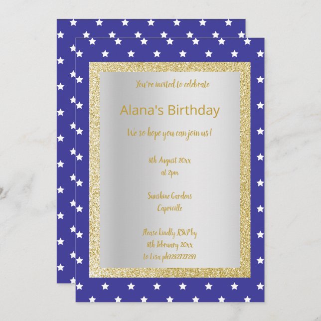 MODERN BLUE Star  ALL OCCASION PARTY Gold silver Invitation (Front/Back)