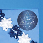 Modern Blue Star of David Formal Bar Mitzvah Party Classic Round Sticker<br><div class="desc">Beautiful deep shades of dark blue create a texture like water on this formal Bar Mitzvah party sticker. Elegant white minimalist script on a print with your son's name on the subtle Star of David to celebrate your Jewish son's coming of age.</div>