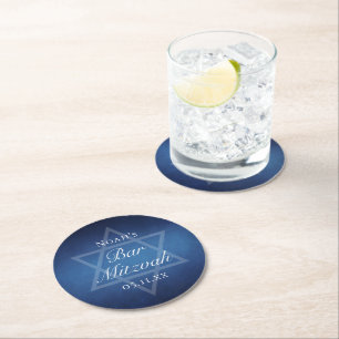 Modern Blue Star of David Formal Bar Mitzvah Party Round Paper Coaster