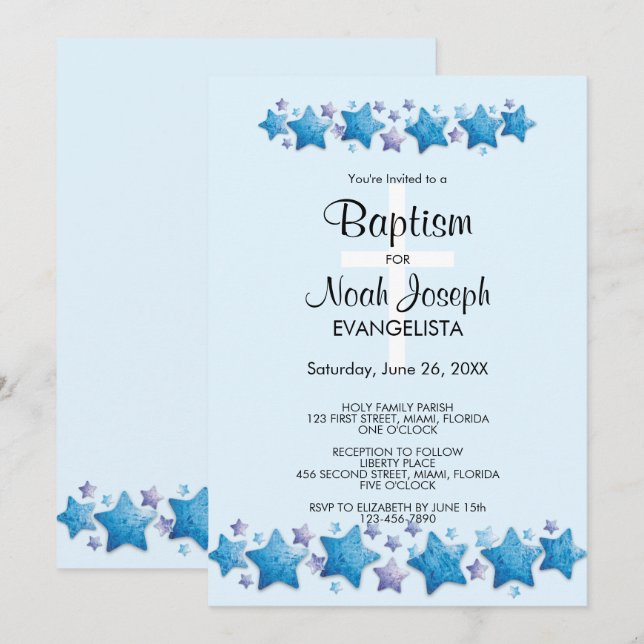 Modern Blue Stars BAPTISM Invitation d'événement (Devant / Derrière)