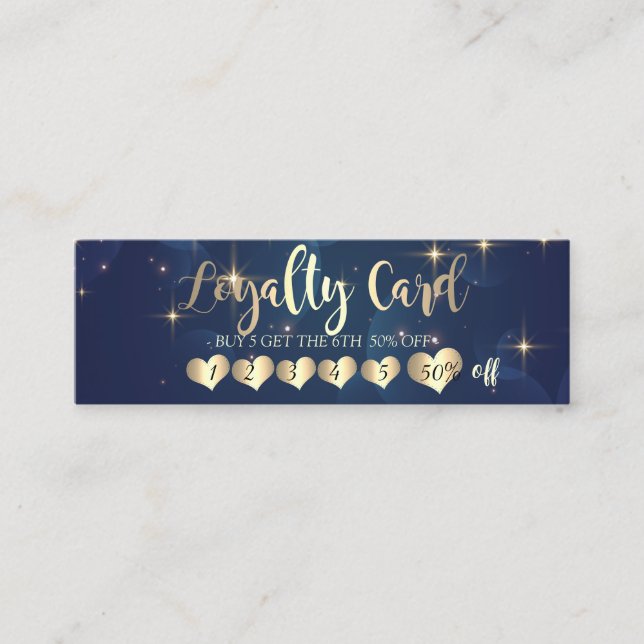 Modern Blue Stars Elegant Gold Hearts Loyalty Card (Front)
