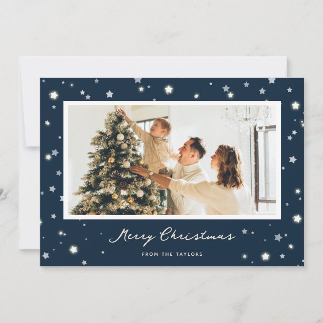 Modern Blue Stars Merry Christmas Photo Cards (Front)