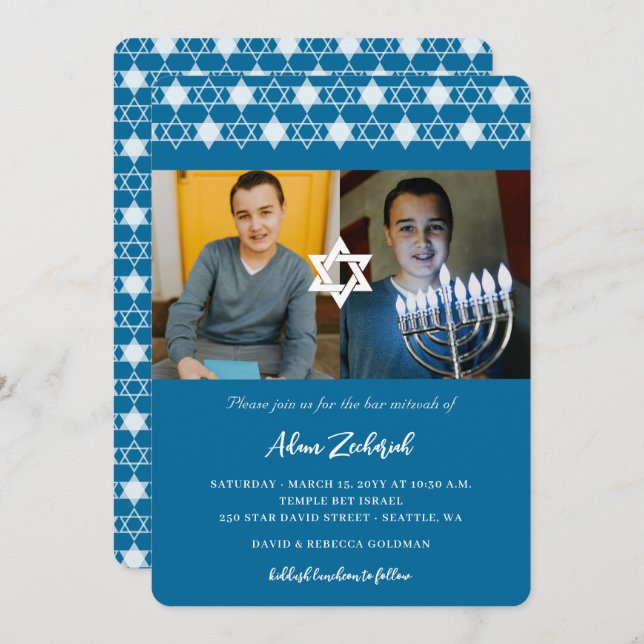 Modern Blue Stars Of David Boy Bar Mitzvah 2 Photo Invitation (Front/Back)