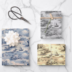 Modern Blue Stom Ocean Sea Toile de Jouy Pattern Wrapping Paper Sheet