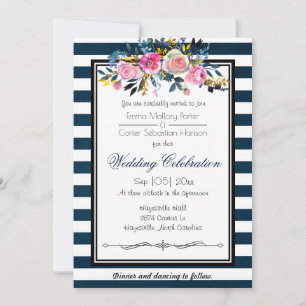 Modern Blue Stripe Floral Wedding Invitation