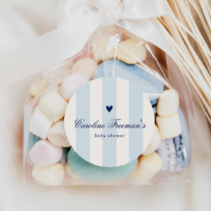 Modern Blue Stripe Heart Valentine Baby Shower Classic Round Sticker