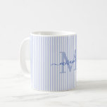 Modern Blue Stripe Monogram Name Coffee Mug<br><div class="desc">Start your morning in style with this personalized blue striped coffee mug, designed to bring timeless charm to every sip. Featuring a soft blue and white striped background, this elegant mug is customized with your monogram initial and full name in a graceful script font—creating a feminine, refined look that feels...</div>