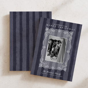 Modern Blue Striped Family Photo Christmas Holiday Card